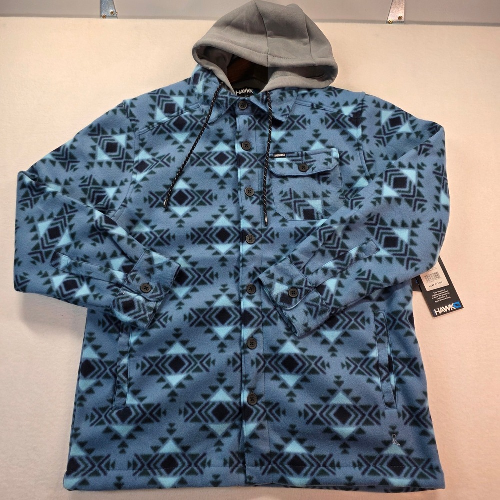 Tony Hawk Men's Sherpa Lined Fleece Shirt Jacket Shacket Hooded Aztec Blue M